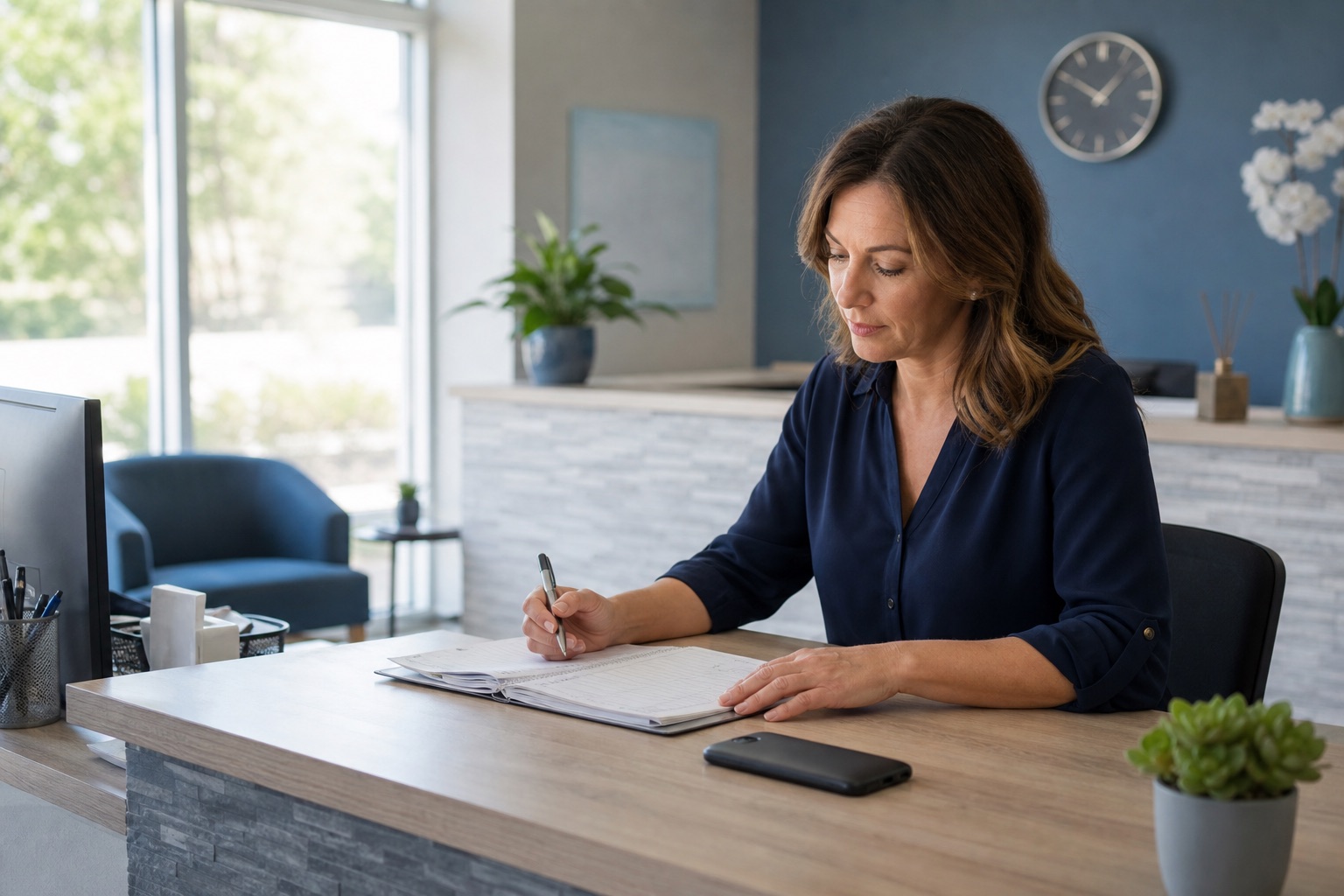 Practice manager reviewing an appointment book beside an Android phone resting screen-down on the desk