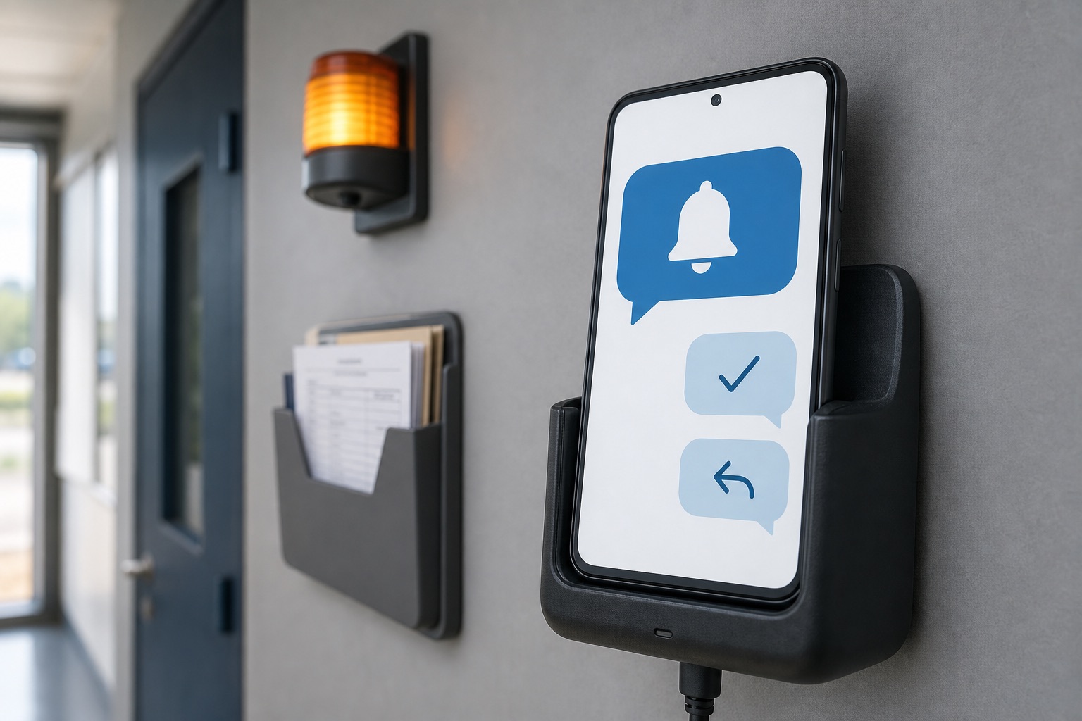 Android phone in a charging cradle showing an SMS alert and two reply bubbles beside a service-status lamp