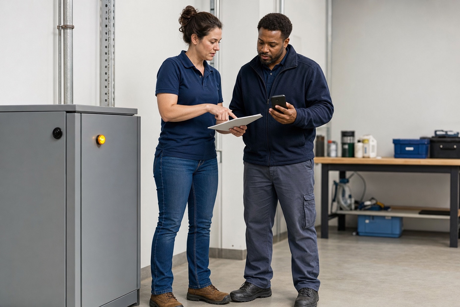Two facilities staff reviewing a threshold alert beside equipment while an Android phone screen faces away